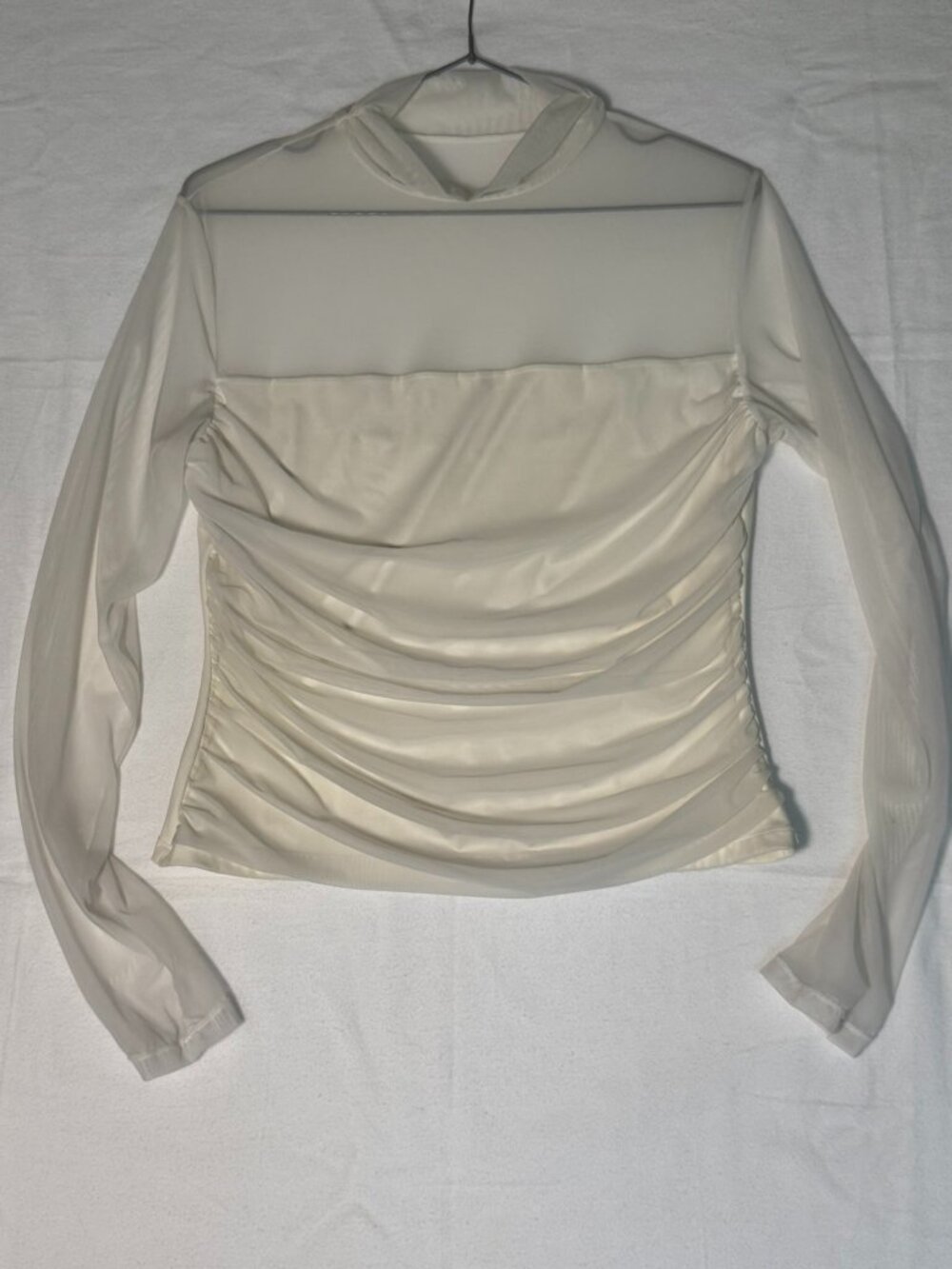 SUUKSESS Cream Mesh Ruched Long Sleeve Top Size Large - Picture 2 of 7